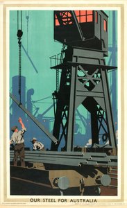 Naše ocel pro Austrálii, ze série „Nákup impéria dělá zaneprázdněné továrny“ (barevné lito) od Frank Newbould