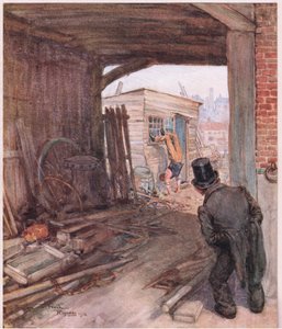Po příjezdu na místo určení se mu jako první naskytl pohled na pár velmi nedokonale obutých nohou ve vzduchu, asi 1920 (barevná litografie). od Frank Reynolds