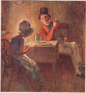 Paní markýza drží karty pevně v obou rukou a zvažuje, s kterými bude hrát, cca 1920 (barevná litografie) od Frank Reynolds