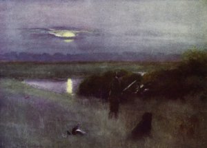 Norfolk Broads: Východ měsíce, za letu (barevné lito) od Frank Southgate