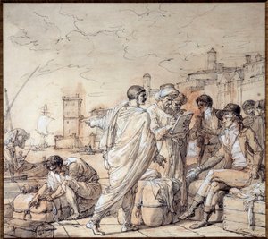 Negociants v docích marseillského přístavu Kresba Francoise Andre Vincenta (1746-1816) Marseillské muzeum námořnictva z 18. století