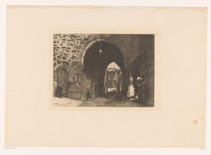 Gezicht op de Porte de St. Malo te Dinan Deset leptů, kreslil a ryl F. Bonvin, malíř (název série) od François Bonvin