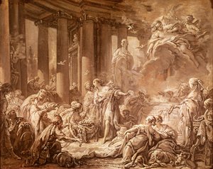 Psyche Receiving the Divine Honors (přípravné studium), kolem 1740 (olejomalba na papíře připevněná na plátně) od François Boucher