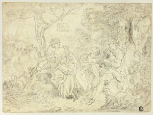 Pastýřky a mladík hrající na dudy od François Boucher