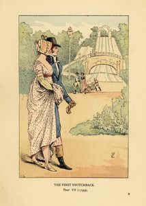 Módní pár na horské dráze v ruských horách, Les Montagnes Russes a Belleville, postavený v roce 1812. (První tobogán, ročník VII