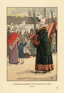 Žena v kožichu lemovaném kabátu s kožešinovým rukávcem na návštěvě bivaku tatarského a kalmyckého kozáka v Paříži po pádu Napoleona. Kozácký tábor na Champs Elysees od François Courboin