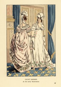 Ženy v péřových čelenkách a luxusních vyšívaných šatech, dvůr krále Ludvíka XVIII., cca 1817. Interiér s modrými závěsy a kobercem fleur de lys. Dvorní šaty na počátku restaurování v Paříži. Ručně kolorovaná litografie R.V. po ilustraci od François Courboin