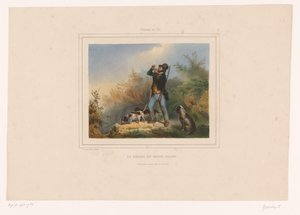 Ošetřovatel se třemi loveckými psy Le départ du garde chasse (název na objektu) Lovci se zbraněmi (název série) Chasses au Tir (název série na objektu) od François Grenier