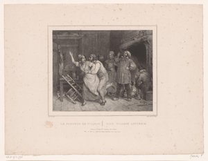 Muž se snaží obejmout ženu v hostinci Le farceur de village / The village lotherio (název na objektu) Dvanáct zobrazení různých postav (název série) Album de douze sujets (...) (název série)
