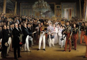 Revoluce z roku 1830: „“ Poslanecká sněmovna předkládá vévodovi z Orleansu Ludvíku Filipovi I. (1773-1850), akt, který ho povolává na trůn, a Listinu z roku 1830 v královském paláci dne 7.8. 1830”” Detail. Obraz Francoise Josepha Heima (1787-18 od François Joseph Heim