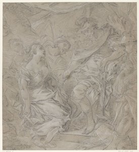 Mladá žena klečící před generálem v jeho stanu (Scipio?) od François Le Moine (manner of)