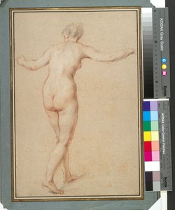 Stojící ženský akt při pohledu zezadu, cca 1722 (červená, černá a bílá křída na papíře) od François Lemoyne