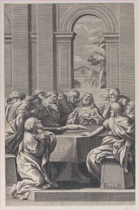 Poslední večeře, interiér klasicistní budovy s Kristem a sídlem jeho apoštolů..., 1660-81.