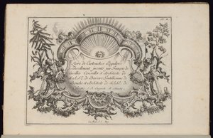 Kartuše se sluncem a čtyřmi větry, Livre de Cartouches Reguliers (Kniha pravidelných kartuší) od François de Cuvilliés the Elder