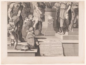 Mars vloží svůj meč do plamenů před chrámem (spodní část) od François de Poilly (I)