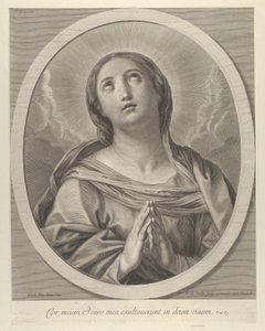 Panna v modlitbě, vzhlíží s mraky za sebou, v oválném rámu, po Reni, ..., 1648-81. od François de Poilly