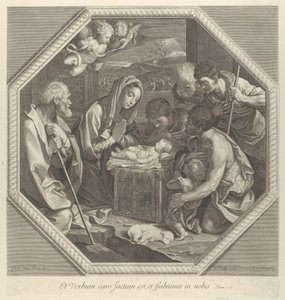 Klanění pastýřů, kteří spolu klečí přímo před dítětem Kristem..., ca. 1655-93. od François de Poilly
