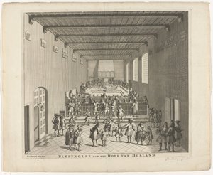 Zasedání holandského soudu, asi 1700 Pleitrolle van den Hove of Holland (název na objektu)