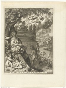 Múza a putti sedí u hrobky básníka Arnolda Moonena Titulní strana pro: Arnold Moonen, Continued der poëzye, Delft 1720 Pokračování A. Moonens Poezy (název na objektu) od François van Bleyswijck