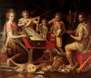 Music Characters vetus má starodávné prostředí hudebních nástrojů tvořících alegorii. Obraz Franse Florise (1515-1570) Genes 16. století, soukromá sbírka od Frans Floris