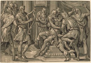 David hraje na harfu před Saulem od Frans Floris I