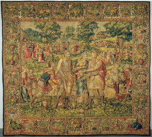 Král Abimelech vrací Sáru jejímu manželovi Abrahamovi, 1580 (tkaní gobelínů, vlny a hedvábí) od Frans Geubels