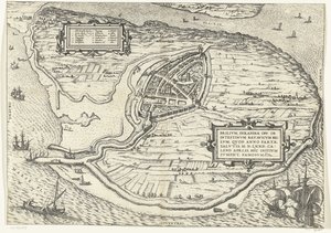 Kaart van het eiland Voorne en plattegrond van Brielle, 1572 Brillium, Holandsko opp. kvůli bratrovražedné holandské válce, která v roce vítězství Spasení 72 n. l. v dubnovém vedru začal tady, slavný (název na objekt) od Frans Hogenberg