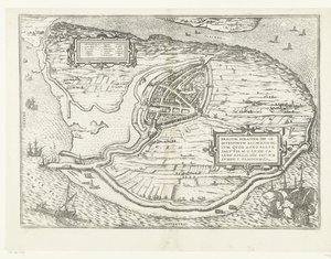 Kaart van het eiland Voorne en plattegrond van Brielle, 1572 Brillium, Holandsko opp. kvůli bratrovražedné holandské válce, která v roce vítězství Spasení 72 n. l. v dubnovém vedru začal tady, slavný (název na objekt)