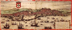 Pohled na Lisabon a řeku Tagus z: Mapa světa, 1572