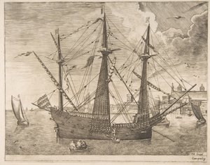 Ozbrojený třímistr kotvící poblíž města od plachetnic, ca. 1555-56. od Frans Huys