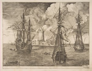 Čtyřmistrová levice a dva třímistrové ukotvení poblíž opevněného ostrova se světlem..., 1561-65. od Frans Huys