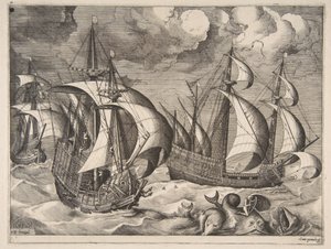 Tři karavely ve stoupající bouři s Arionem na delfínovi z Plachetnic, 1561-65. od Frans Huys