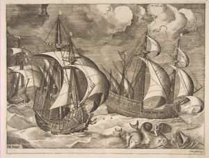 Tři karavely ve stoupající bouři s Arionem na delfínovi z Plachetnic, 1561-65. od Frans Huys