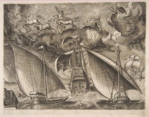 Dvě galéry plující za ozbrojeným trojmajstrem s Phaetonem a Jupiterem na obloze, f..., 1561-65. od Frans Huys