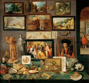 Le cabinet de curiosites - Sběratelský kabinet (Kabinety kuriozit) - Frans Francken, mladší (1581-1642). Olej na dřevě, cca 1620-1625. Rozměr: 74 x 78 cm. Uměleckohistorické muzeum, Vienne