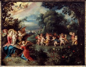 Madonna má dítě v krajině obklopené hudebníky a tančícími anděly. Obraz Franse Le Jeune Frankena (1581-1642) Ec. Podvod.