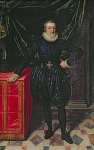 Portrét francouzského krále Jindřicha IV. (1553-1610) v černém kostýmu, asi 1610 (deska)