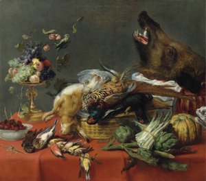 Prostřený stůl obložený zvěřinou, ovocem, zeleninou a kančí hlavou. od Frans Snyders