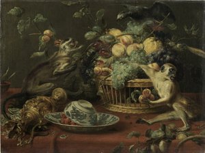 Opice a papoušek u koše s ovocem od Frans Snyders