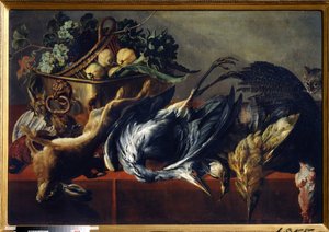 Zátiší s ebenovou hrudí. Obraz Franse Snyderse (1579-1657). Olej na plátně, 98 x 160 cm. Vlámská škola, barokní umění. Státní muzeum umění, Tula (nebo Tolan).