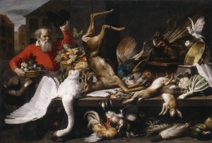 Zátiší s mrtvou zvěří, ovocem a zeleninou na trhu, 1614