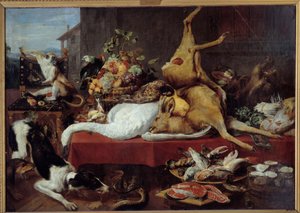 Zátiší s jelenem Zvěřina (bažant, husa, jelen), plátek ryby, krab, luštěniny. obraz Franse Snyderse (1579-1657)