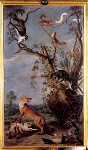 Kočka a liška Ilustrace bajky od Jean de la Fontaine. Obraz Franse Snyderse (1579-1657) (ec.flam.) Madrid 17. století, muzeum Prado.
