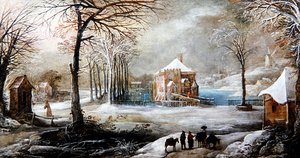 Zimní krajina s figurkami a koňmi (olej na plátně) od Frans de Momper