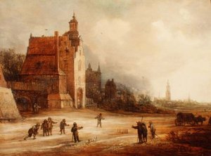 Vojáci hrají kuželky na silnici, Breda za nimi od Frans de Momper