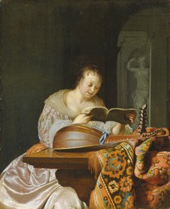 Interiér se ženou, která čte hudbu u částečně přehozeného stolu s dvouhlavou loutnou, 1671