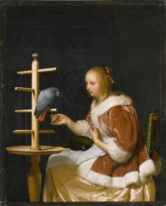 Mladá žena krmí papouška, 1663.