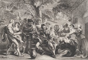 Don Quijote a jednotky La Santa Hermandad mimo hospodu, ca. 1635-79. od Frans van den Wyngaerde