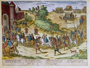Vstup vévody Ferdinanda Alvareho z Toleda nebo Fernanda Alvareze de Toledo y Pimentel (1508-1582), 3. vévody z Alby de Tormes, do Bruselu 8. srpna 1567 se španělskou armádou. 1653 Tisk Franze Hogenberga (1535-1590) Kabinet grafiky, B.N., Paříž.