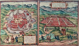 Plány Mexico City, Mexiko a Cusco City, Peru, od Carla Nebela "Voyage Pittoresque" (barevná rytina) (viz 141102)